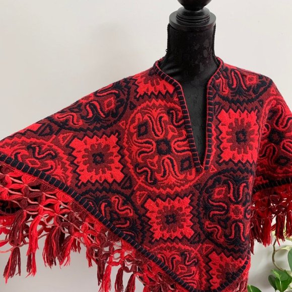 Vintage 70s Red Fringed Poncho - Picture 3 of 5